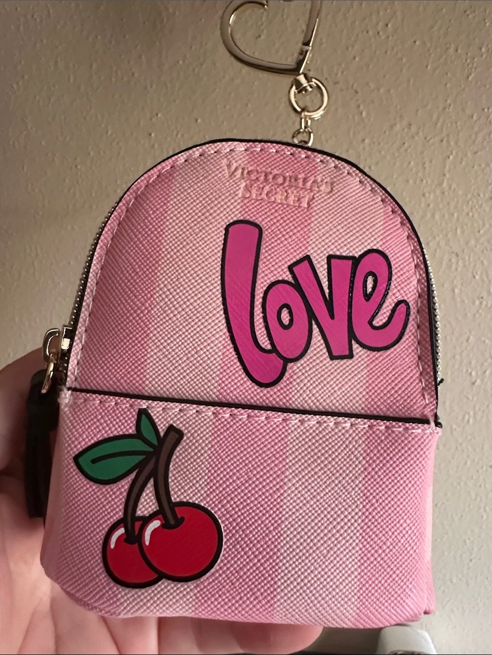 Victoria's Secret Pink Striped 'Love' Cherry Mini Backpack Keychain